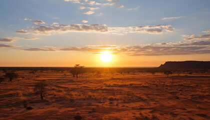 Canvas Print - Sunset over the African savannah, a tranquil beauty generated by AI