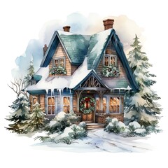 Watercolor Christmas house clipart