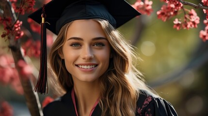 Wall Mural - Young girl wearing a graduation cap