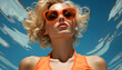© Stockgiu - Young woman with blond curly hair wearing sunglasses outdoors generated by AI