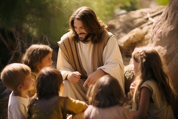 Jesus Christ talking to children, Jesus and children smiling