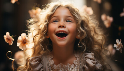 Poster - Smiling child, happiness, cheerful girl playing outdoors, carefree and joyful generated by AI