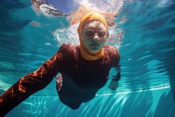 Arabian woman in burkini swims in the pool