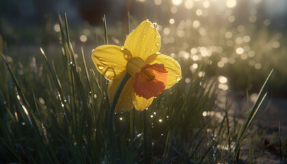 Wall Mural - Bright yellow flower in nature, close up, with dew drops generated by AI