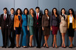 Group of business people standing in a row over blue wall background.