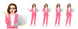 Elegant beautiful business woman in trendy pink suit holding laptop computer standing different posing isolated vector illustration