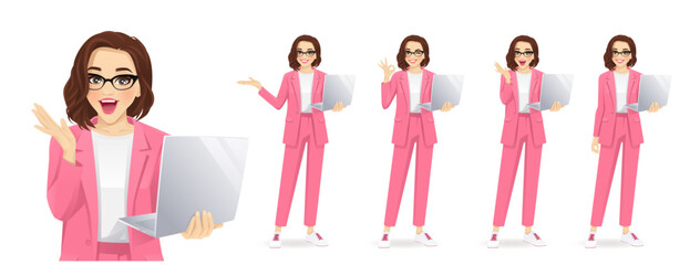 Wall Mural - Elegant beautiful business woman in trendy pink suit holding laptop computer standing different posing isolated vector illustration