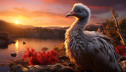 Poster - Sunset over rural farm, ducks and geese graze in grass generated by AI