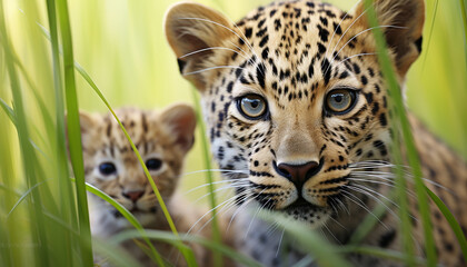 Poster - Young tiger looking cute in the green grass generated by AI