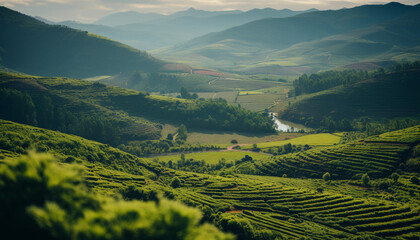 Sticker - Green meadows and mountains create a tranquil landscape generated by AI