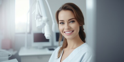 Wall Mural - A happy young woman patient in a modern bright dental clinic