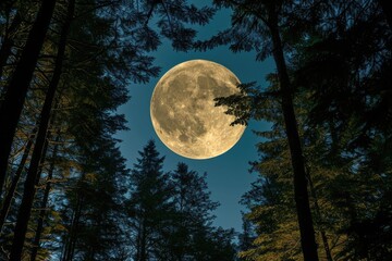 Wall Mural - Bright full moon casting shadows in a tranquil forest