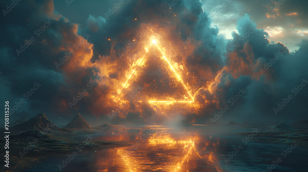 surreal image of neon triangle in clouds, surrealism, photo manipulation, abstract