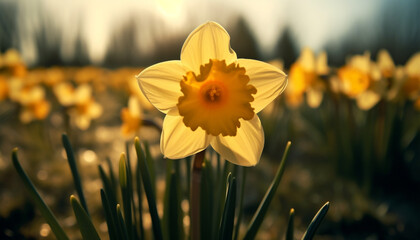 Canvas Print - A vibrant yellow flower blossoms in the meadow, symbolizing freshness generated by AI