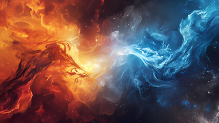 abstract illustration representing fire and ice colliding into one another, digital art background o