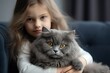 © Al - Little girl sitting on the couch and hugging a cat. Big gray fluffy cat. friendship. Keeping a pet. Snuggery. childhood