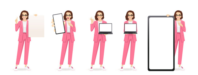 Elegant business beautiful woman standing phone, laptop computer and paper with blank screens and empty spaces vector illustration in different poses. Advertising collection vector illustration. 