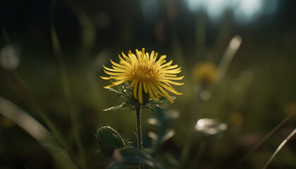 Wall Mural - A yellow dandelion blossom in a green meadow, close up generated by AI