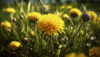 Canvas Print - Fresh yellow dandelion blossom in a vibrant green meadow generated by AI