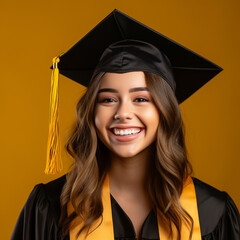 Wall Mural - Newly graduated female student on yellow background.