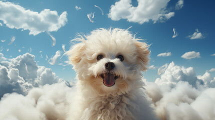 Cachorro de perro blanco con un cielo lleno de nubes en el fondo