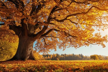 Wall Mural - Majestic oak tree with golden autumn leaves