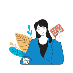Aufkleber - Mental health concept with cartoon people in flat design for web. Woman with depression having prescription and takes medical therapy. Vector illustration for social media banner, marketing material.