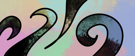 Wall Mural - pastel coloured background with green yellow blue red pink and black curls, abstract design, background