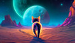 Cute little kitten walking towards the giant moon and the deserted spaces that surround him. In front of him a splendid galaxy full of details.