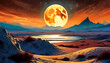 Lunar landscape with a big lake and the earth in the distance in a magical sunset. Artistic Image. Concept of life beyond our planet.