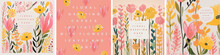 Floral Greeting Card. Vector Illustrations Of Spring Cute Watercolor Flowers, Plants, Leaves For Invitation, Pattern Or Background. Drawings Hand-drawn With Gouache Paints