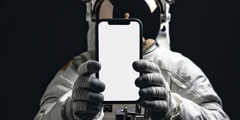 white screen smartphone holding with hand of astronaut