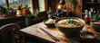Bowl of ramen on wooden table in rustic traditional kitchen. Asian cuisine healthy hot meal, dish. Panoramic background banner for restaurant, book, ebook. Generative AI.