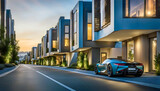 Fototapeta  - Evening street with high-tech houses with swimming pools and scenic lighting, concept of living in a high-tech house