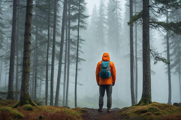 Forest, fog, mountains in the distance, man in the sport hood standing looking back to the deep fog inside the forest