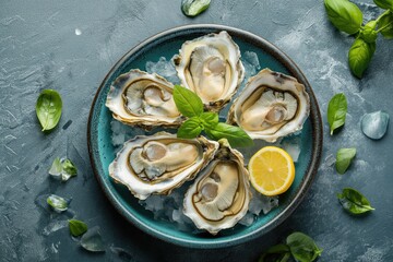 A plate of raw fresh oysters served on crushed ice with lemon wedges and fresh basil, ideal for seafood enthusiasts..