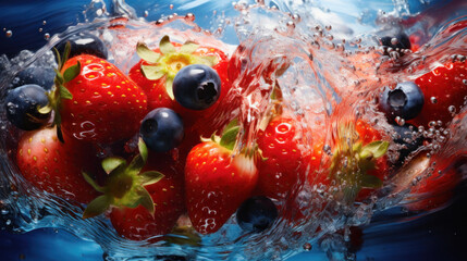 Wall Mural - Fresh forest berries in a splash of water. Smoothie mix of forest fruits. Conceptual background. 