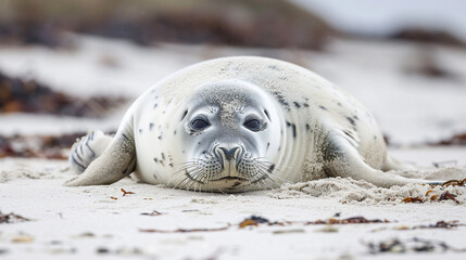 Wall Mural - Comical Grey seal (Halichoerus grypus) pup on beach of Helgoland. Generative Ai