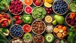 A variety of bright and fresh fruits, berries and nuts, neatly distributed in wooden bowls on a green background. Concept: Healthy food for a diet menu. Vitamins and microelements

