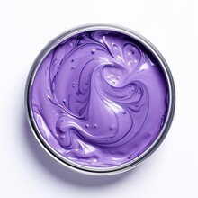 Lilac Paint In A Round Container Isolated On White. The Texture Of Paint And Pigment After Mixing With A Mixer. A Jar Of Purple Nail Polish On A White Background, Top View.