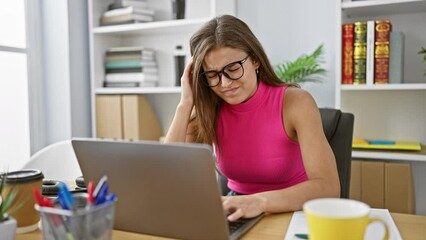 Wall Mural - Overworked and stressed young hispanic woman working on laptop at office, a portrait of an unhappy executive worker