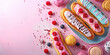 Assorted eclairs on a pastel pink background with copy space. Sweet eclair with cream icing.