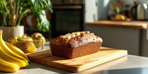 Wall Mural - Homemade Banana Bread Delight. Freshly baked banana bread topped with banana slices on light kitchen background.