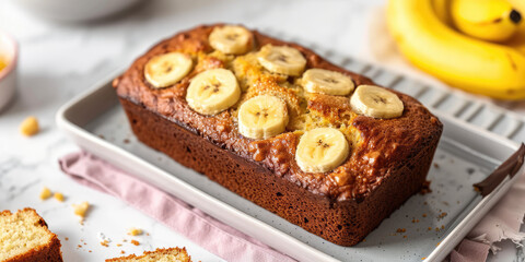 Wall Mural - Top view of Homemade Banana Bread Delight. Freshly baked banana bread topped with banana slices on kitchen background.