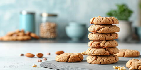 Wall Mural - Stack of Peanut Butter Cookies. A stack of crunchy peanut butter cookies on a kitchen counter table in a plate, copy space.