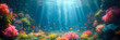 Underwater banner background. Transparent deep water of the ocean or sea with rocks, fish and plants.