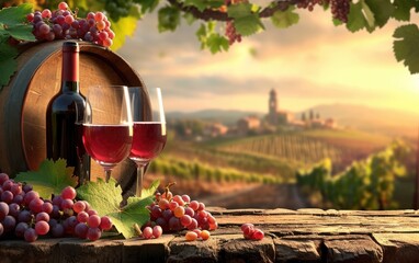 Canvas Print - Bottle with glasses, red grapes and barrel in rural scene