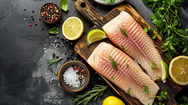 fish fillet on wooden board with ingredients for cooking, fresh raw pangasius fish fillet with herb and spices black pepper lemon lime and rosemary, meat dolly fish tilapia striped catfish - top view