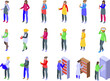 © ylivdesign - Girl vendor icons set isometric vector. Seller street city. Counter market