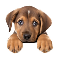 Wall Mural - Cute Sad Puppy Leaning on Wall Isolated on Transparent Background
